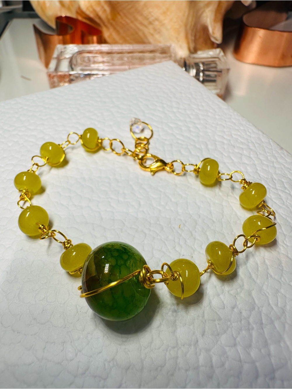 Gold wire +  jade + agate Bead Bracelet